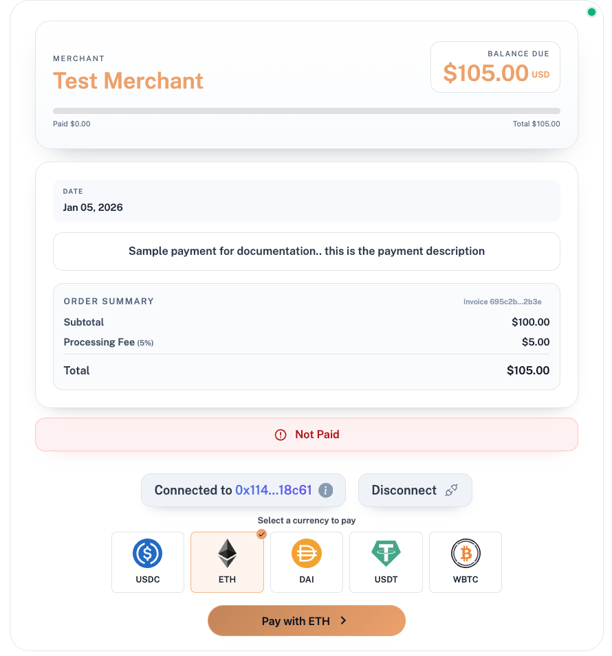 Customer payment landing page