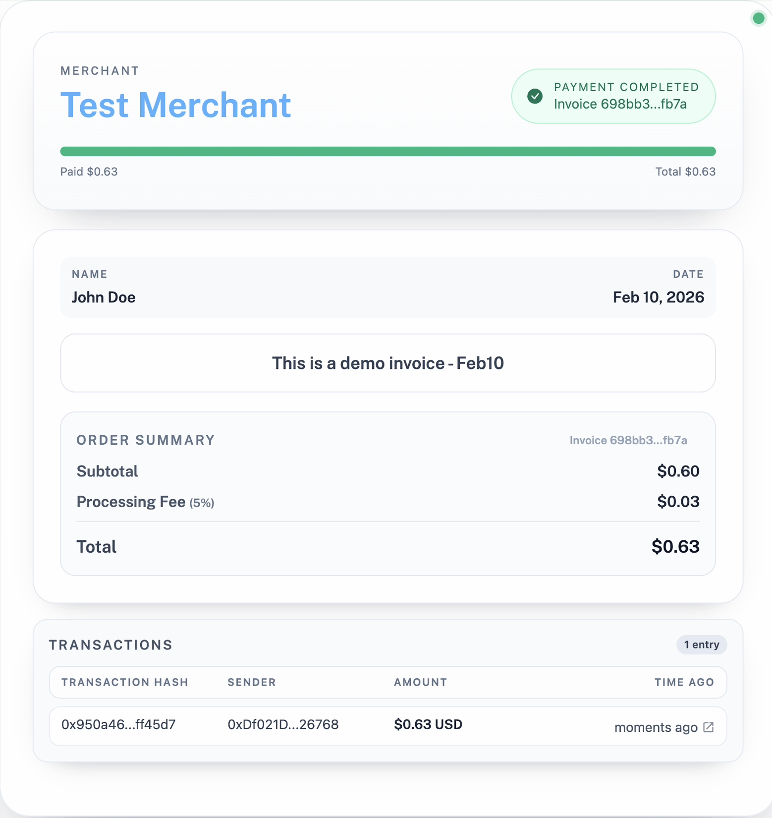 Completed payment confirmation